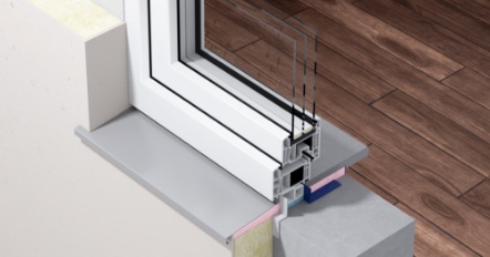 Przekrój okna z zastosowaniem systemu SWS do ciepłego montażu okien